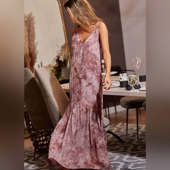 BiBi Tie-Dye Sleeveless Pink Tie Dye Button Detail V-Neck Casual Beach Dress sz - Picture 8 of 13